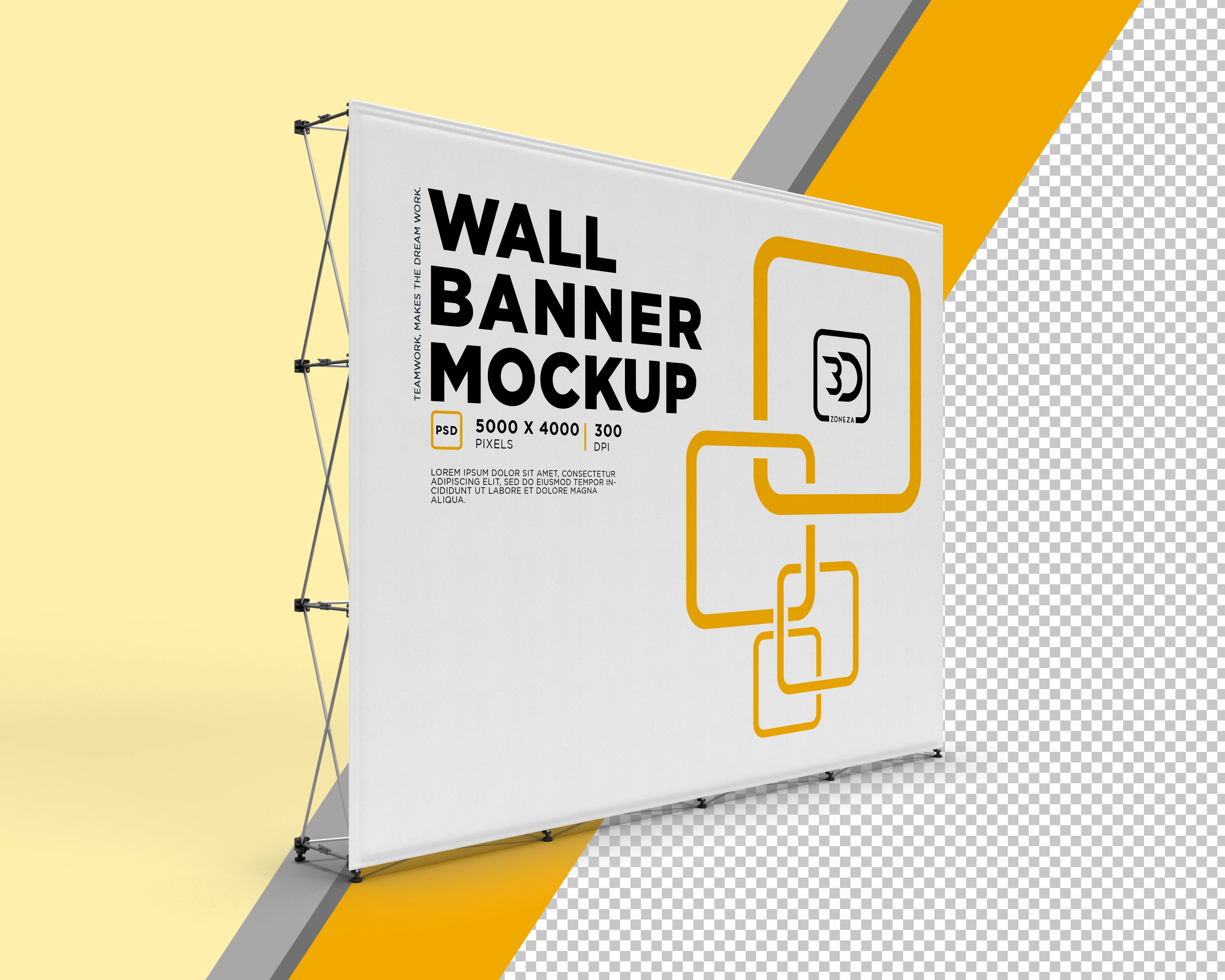 Perspective view of an exhibition graphic wall banner cloth psd mockup photo realistic